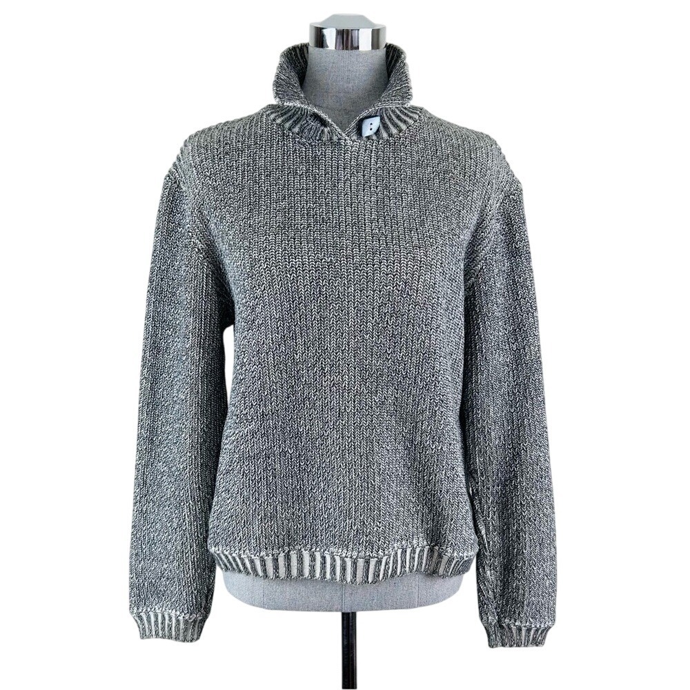 Vintage Willow Sweater Women's Large 90s Gray Knit Split Collar Button Cream Blk